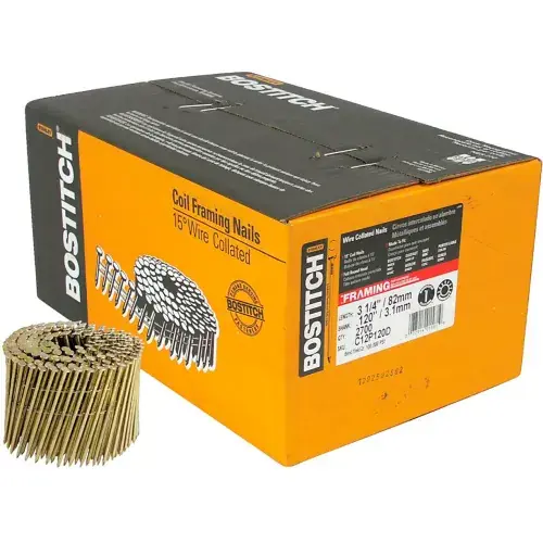 Bostitch 3-1/4" x .120 Smooth Shank 15 Degree Coil Framing Nails, 2700/Qty Professional Grade