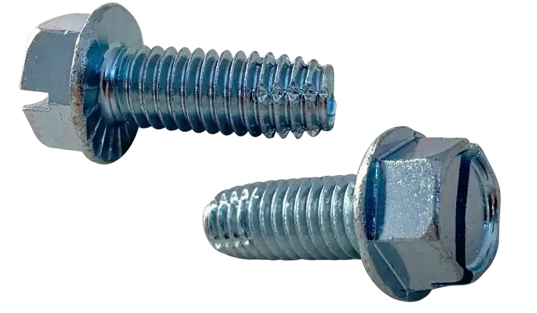 Affordable 1/4-20 X 1/2" Type F Thread Cutting Screws Serrated Indented Hex Washer Head Slotted Drive Steel Zinc & Bake (4000 / Pkg.)