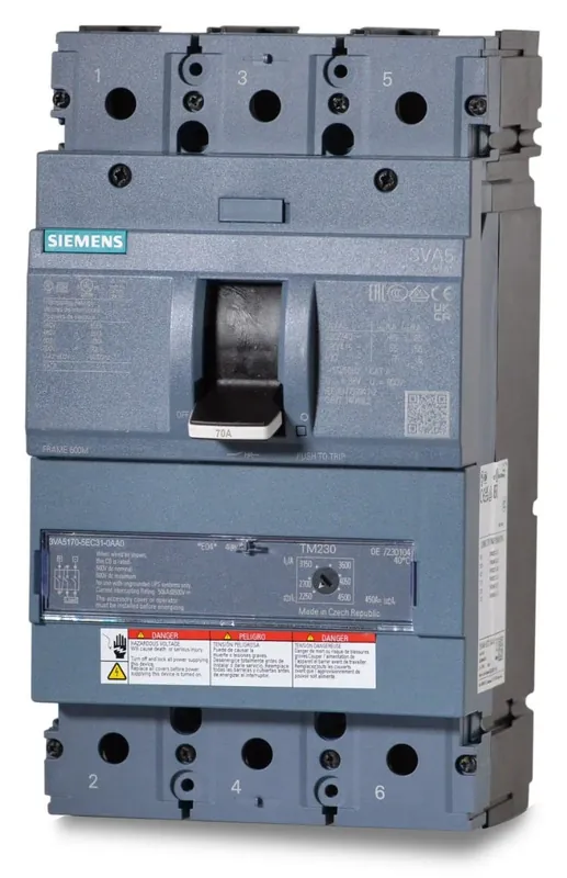 Fresh Stock Siemens 3VA5170-5EC31-0AA0 - 70A 3 Pole Molded Case Circuit Breaker