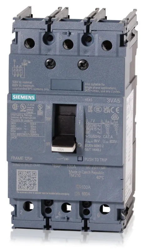 Siemens 3VA6210-5HL31-0AA0 - 100A 3 Pole Molded Case Circuit Breaker Top Rated