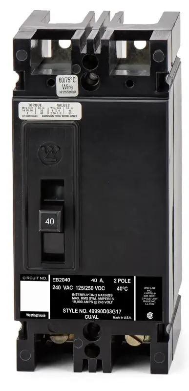 Clearance Eaton / Westinghouse EB2040 - 40A 2 Pole Molded Case Circuit Breaker