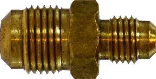 Clearance Midland Metal 10120 Reducing Union, 1/2 in SAE 45 deg Male Flare x 1/4 in SAE 45 deg Male Flare, Brass
