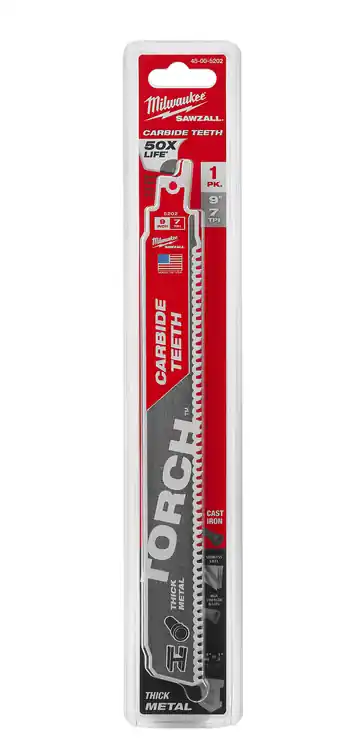 Milwaukee Tool 48-00-5202 9" 8 TPI TORCH with Carbide Teeth SAWZALL Blade (1 PK), 5 Pack Clearance