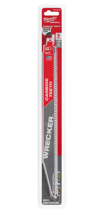 Fresh Stock Milwaukee Tool 48-00-5543 12" 6 TPI WRECKER with Carbide Teeth SAWZALL Blade for Multi-Material (5 PK)