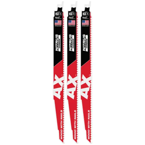 Milwaukee 48-00-7353 12" 5 TPI AX w/NITRUS Carbide Teeth SAWZALL Blade for Wood with Nails 3PK Latest