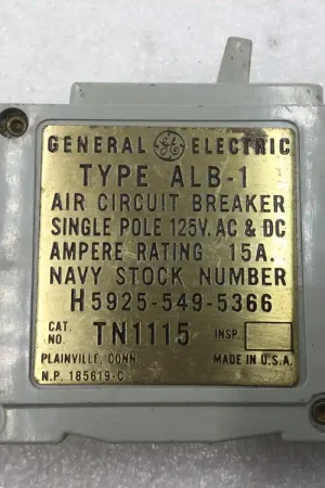 Order Now GE General Electric TN1115 Air Circuit Breaker 15 Amp 1 Pole Type ALB-1